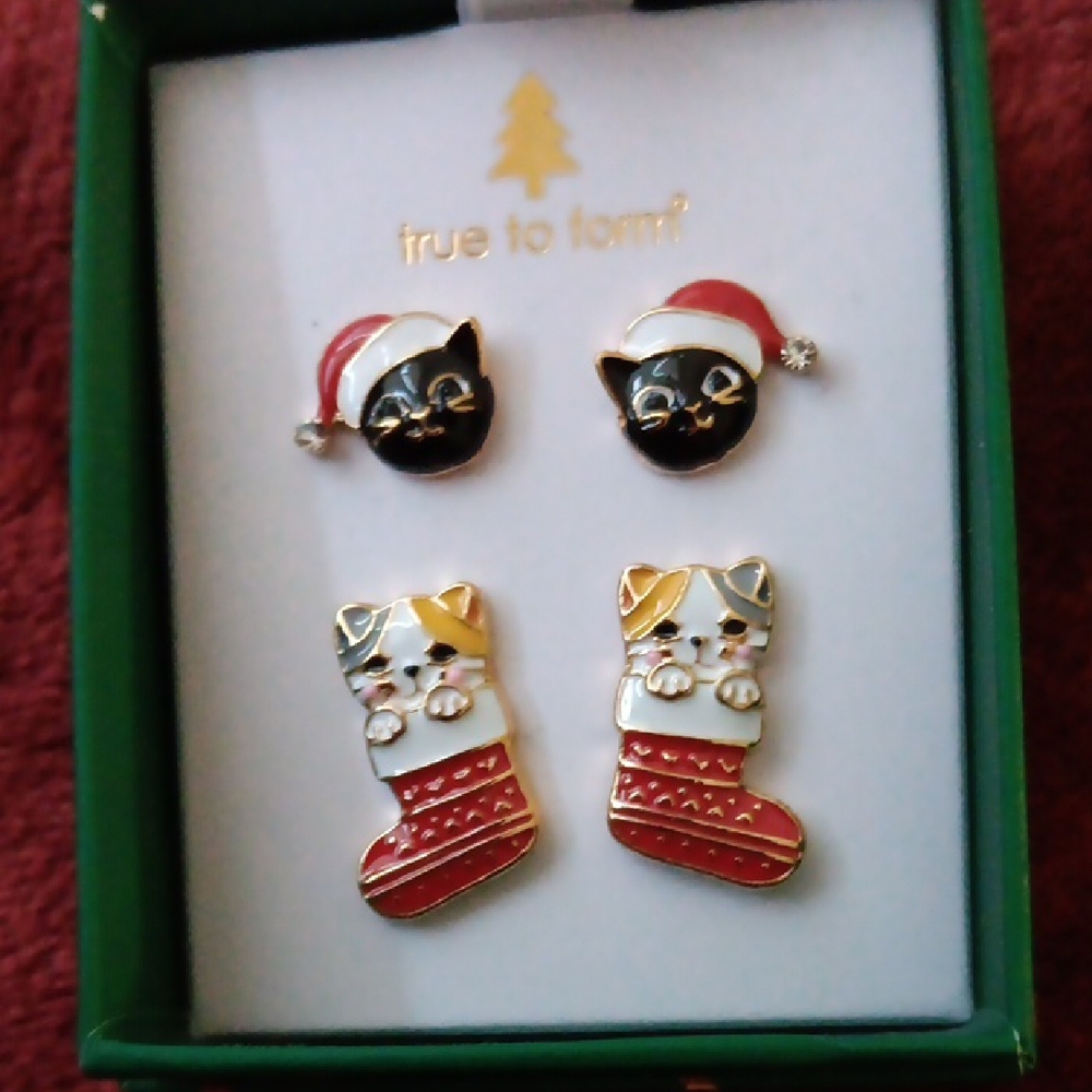 Festive Cat Earrings Set - Black and Red